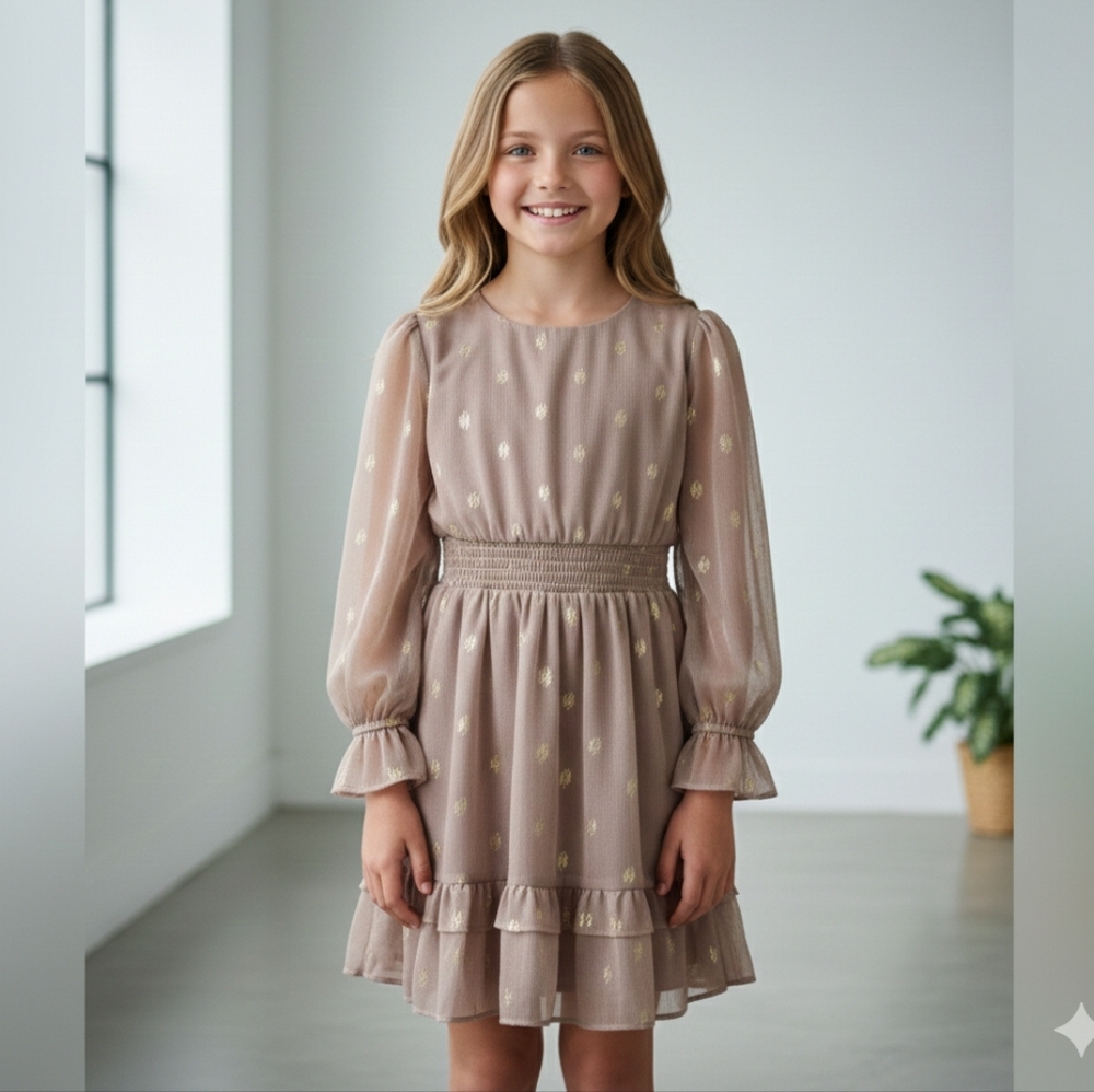 Elegant Gold Polka Dot Kids Dress